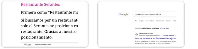 Capturas del material de Iparprint sobre la presencia de Restaurantes Serantes en búsquedas locales de Google.
